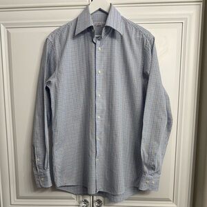 Rodrigo Men’s Sz 15.5 Long Sleeve Dress Shirt Blue Tan+White Check Italian Made